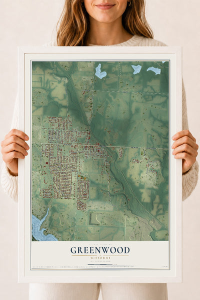 Map of Greenwood, Missouri, 18 x 24 inch print in a white wood frame