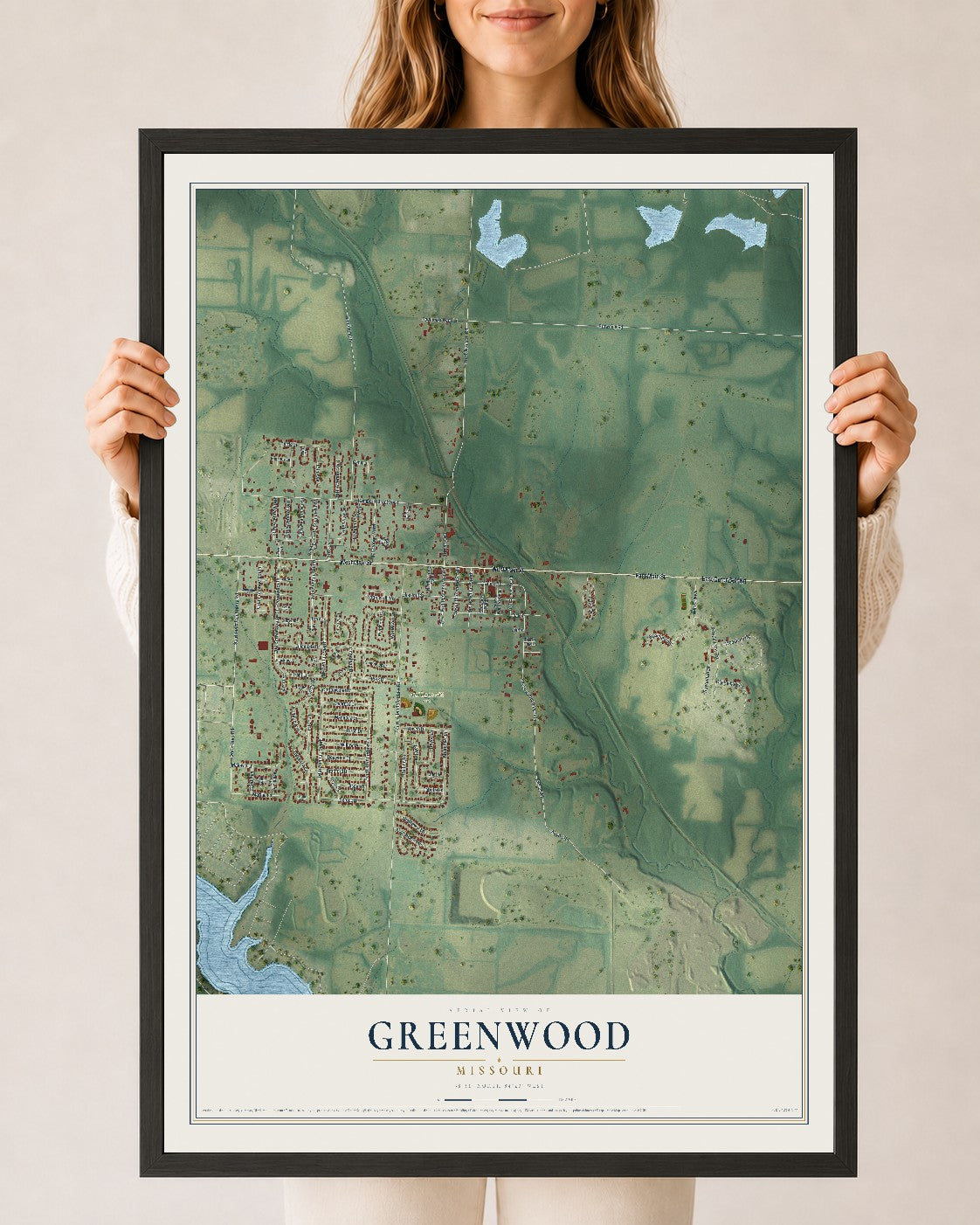 Map of Greenwood, Missouri, 24 x 36 inch print in a black wood frame