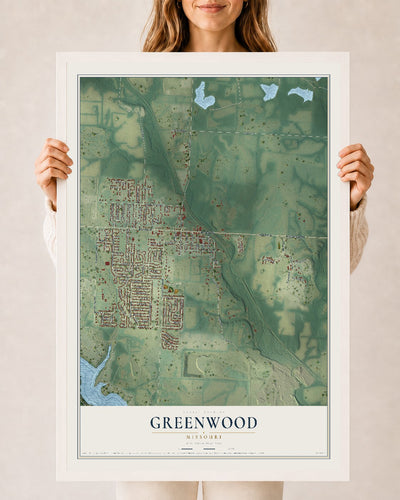 Map of Greenwood, Missouri, 24 x 36 inch print in a white wood frame