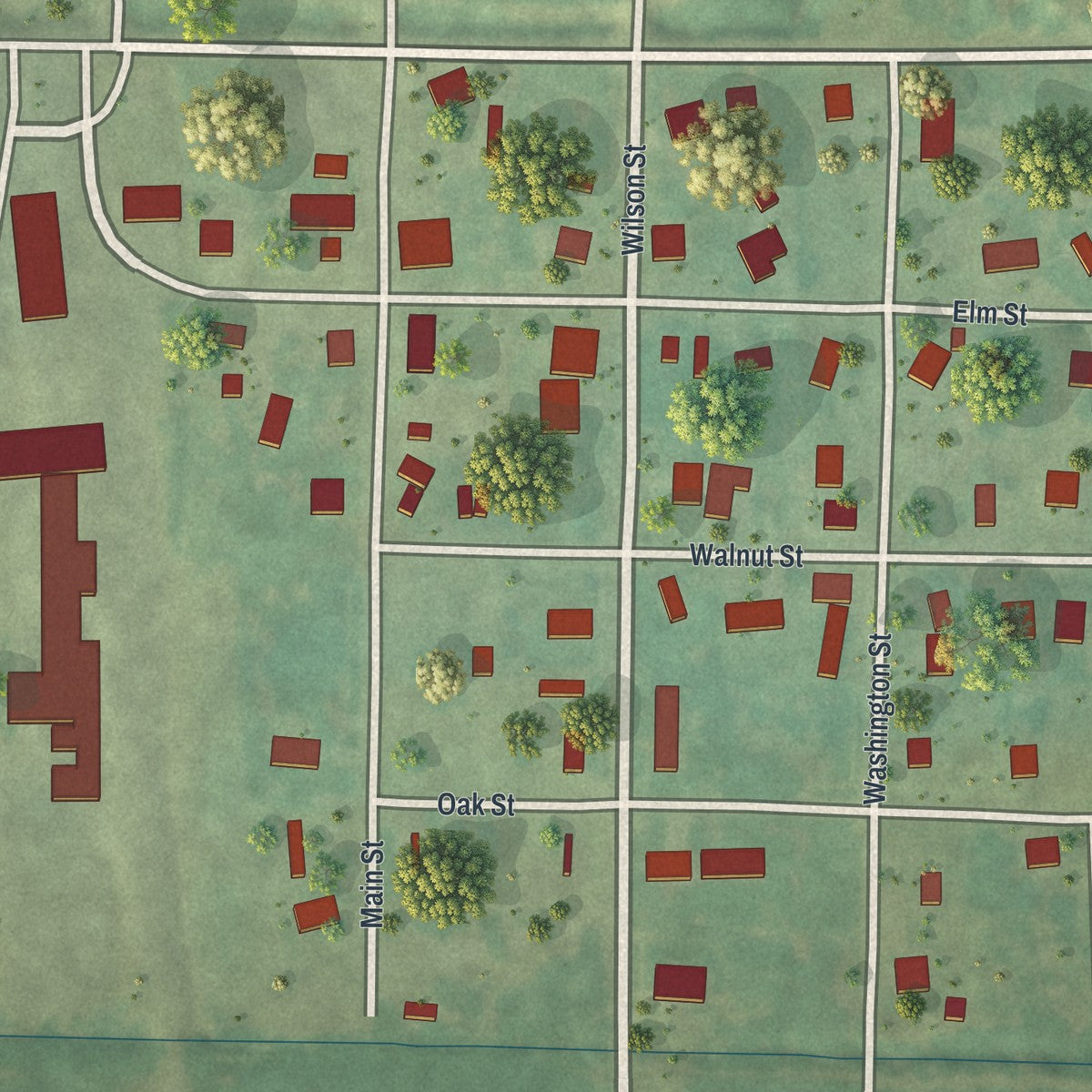 Close-up of the map of Guilford, Missouri print showing street and building detail
