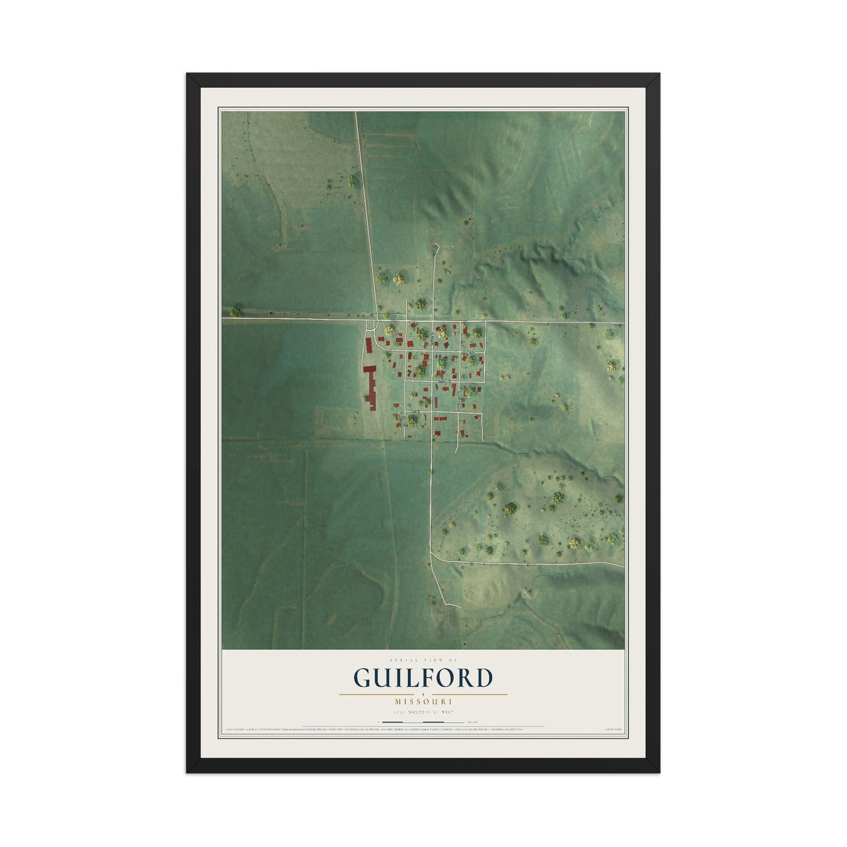 Map of Guilford, Missouri, 12 x 18 inch print in a black wood frame