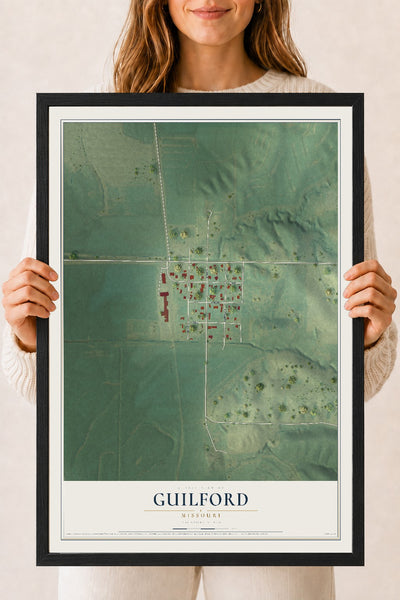 Map of Guilford, Missouri, 18 x 24 inch print in a black wood frame