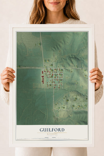 Map of Guilford, Missouri, 18 x 24 inch print in a white wood frame