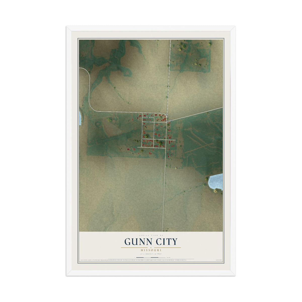Map of Gunn City, Missouri, 12 x 18 inch print in a white wood frame