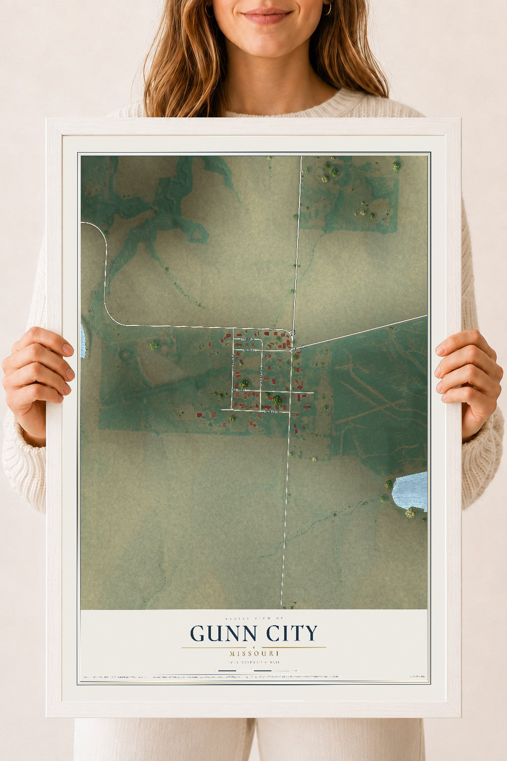Map of Gunn City, Missouri, 18 x 24 inch print in a white wood frame