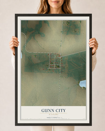 Map of Gunn City, Missouri, 24 x 36 inch print in a black wood frame
