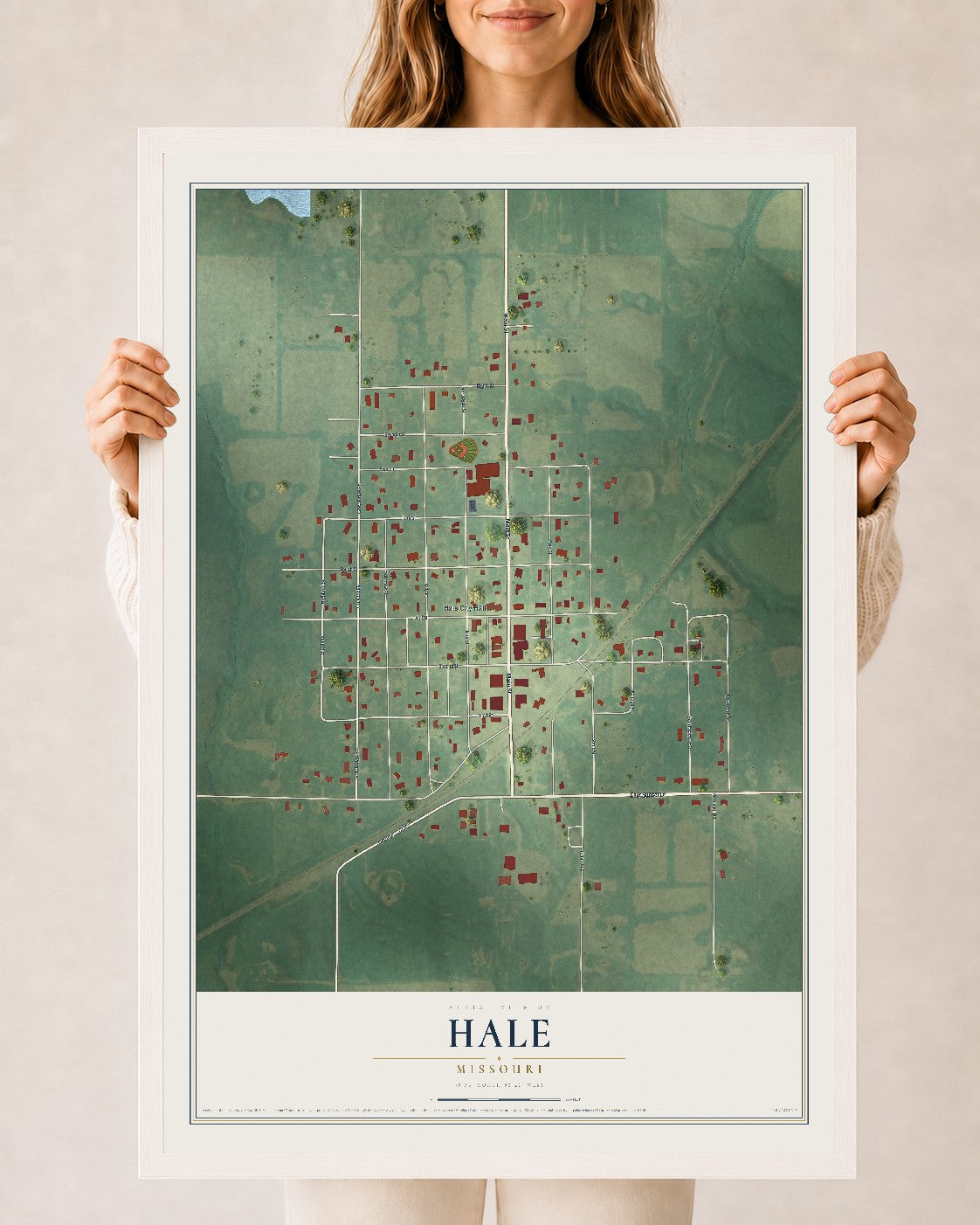 Map of Hale, Missouri, 24 x 36 inch print in a white wood frame