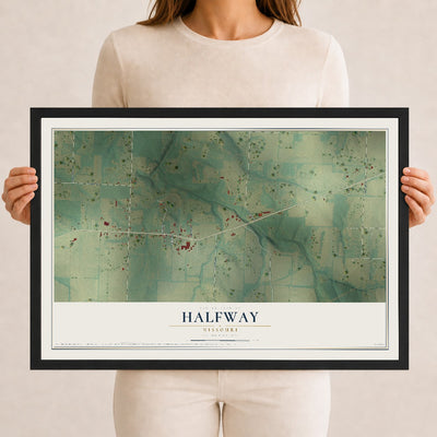 Map of Halfway, Missouri, 12 x 18 inch print in a black wood frame