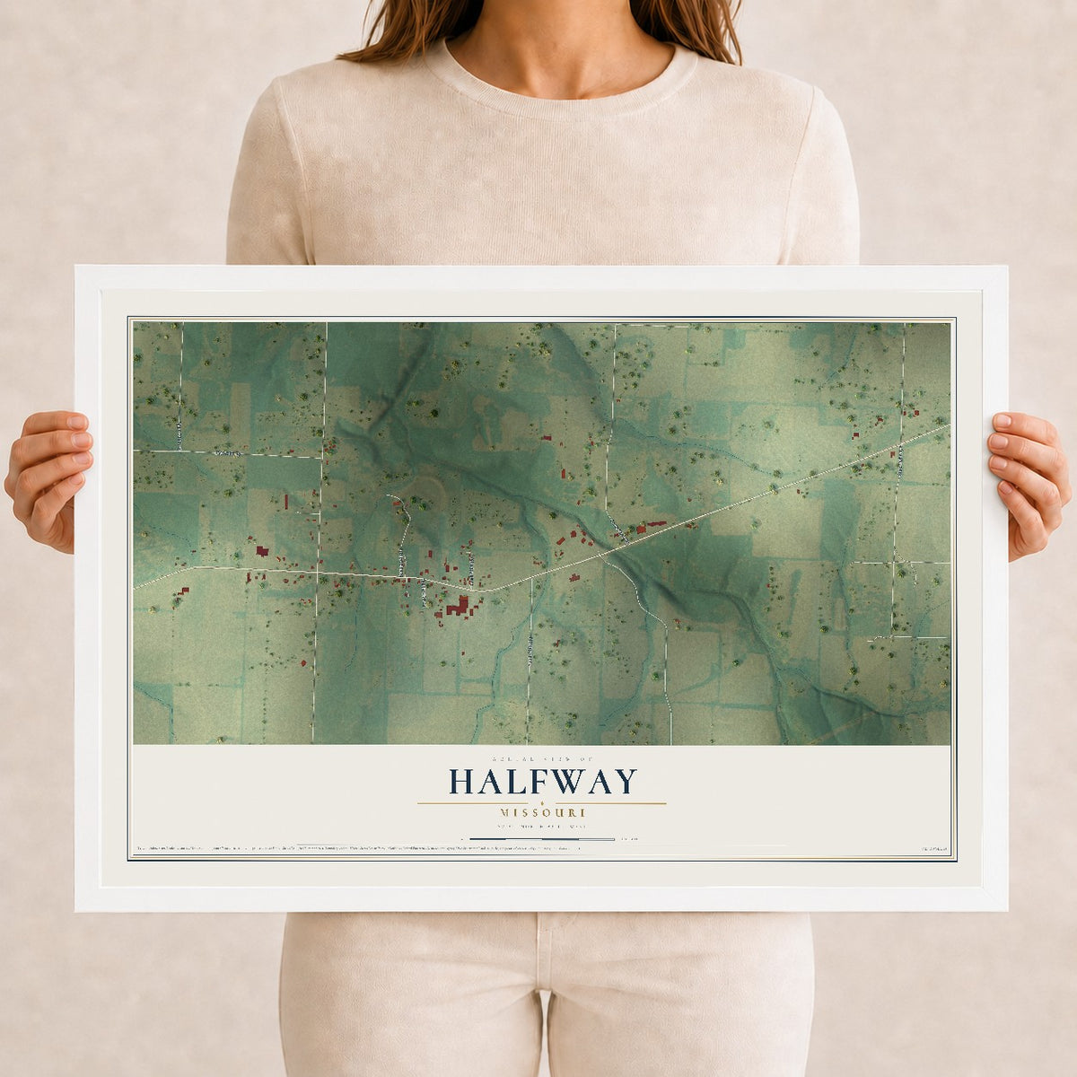 Map of Halfway, Missouri, 12 x 18 inch print in a white wood frame