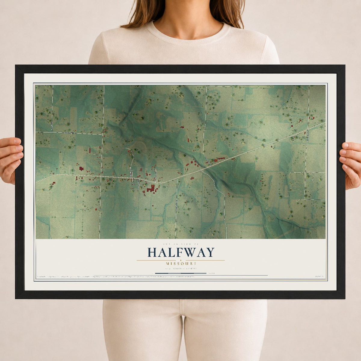 Map of Halfway, Missouri, 18 x 24 inch print in a black wood frame