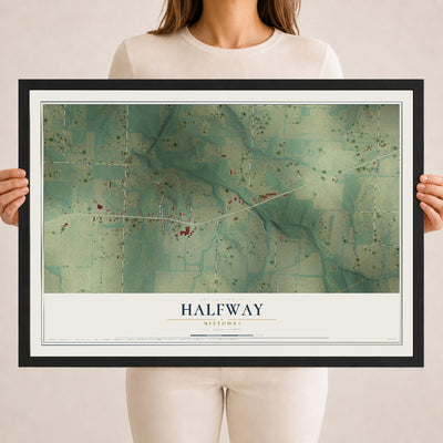 Map of Halfway, Missouri, 18 x 24 inch print in a black wood frame