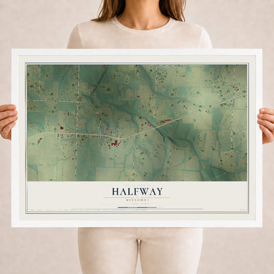 Map of Halfway, Missouri, 18 x 24 inch print in a white wood frame