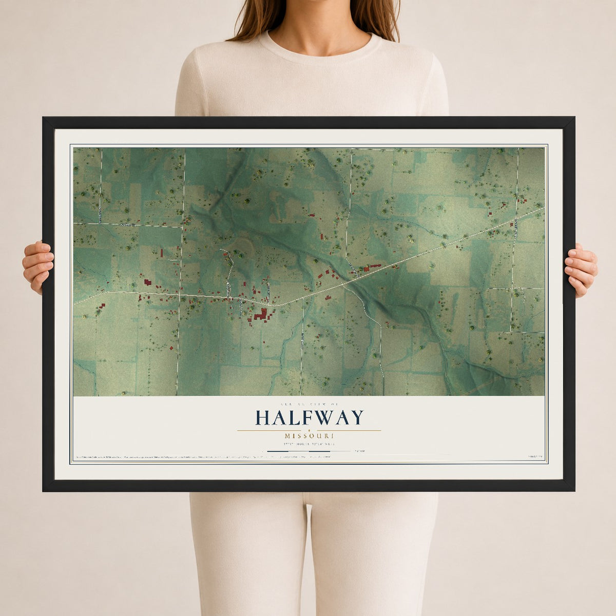 Map of Halfway, Missouri, 24 x 36 inch print in a black wood frame