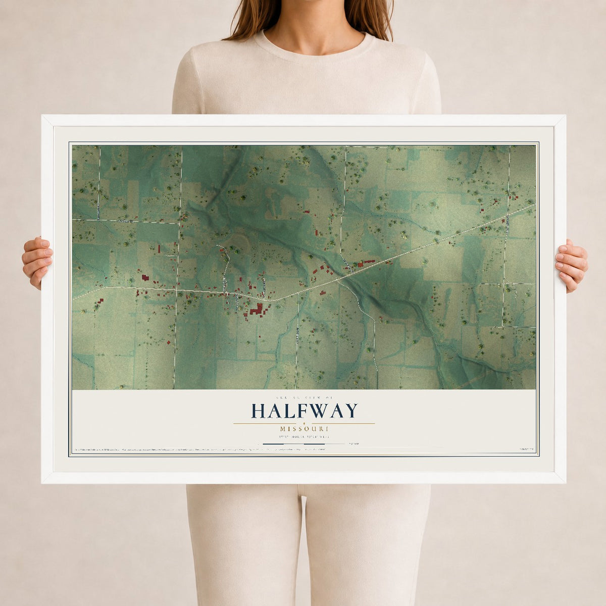 Map of Halfway, Missouri, 24 x 36 inch print in a white wood frame