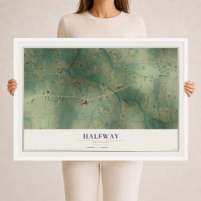 Map of Halfway, Missouri, 24 x 36 inch print in a white wood frame