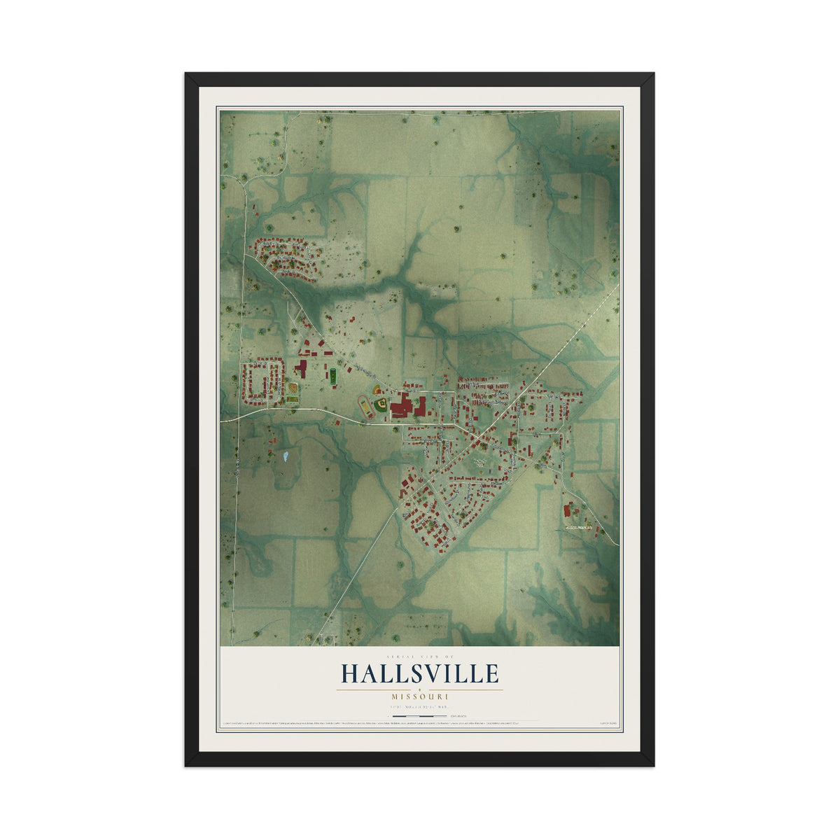 Map of Hallsville, Missouri, 12 x 18 inch print in a black wood frame