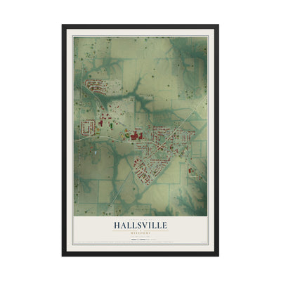 Map of Hallsville, Missouri, 12 x 18 inch print in a black wood frame