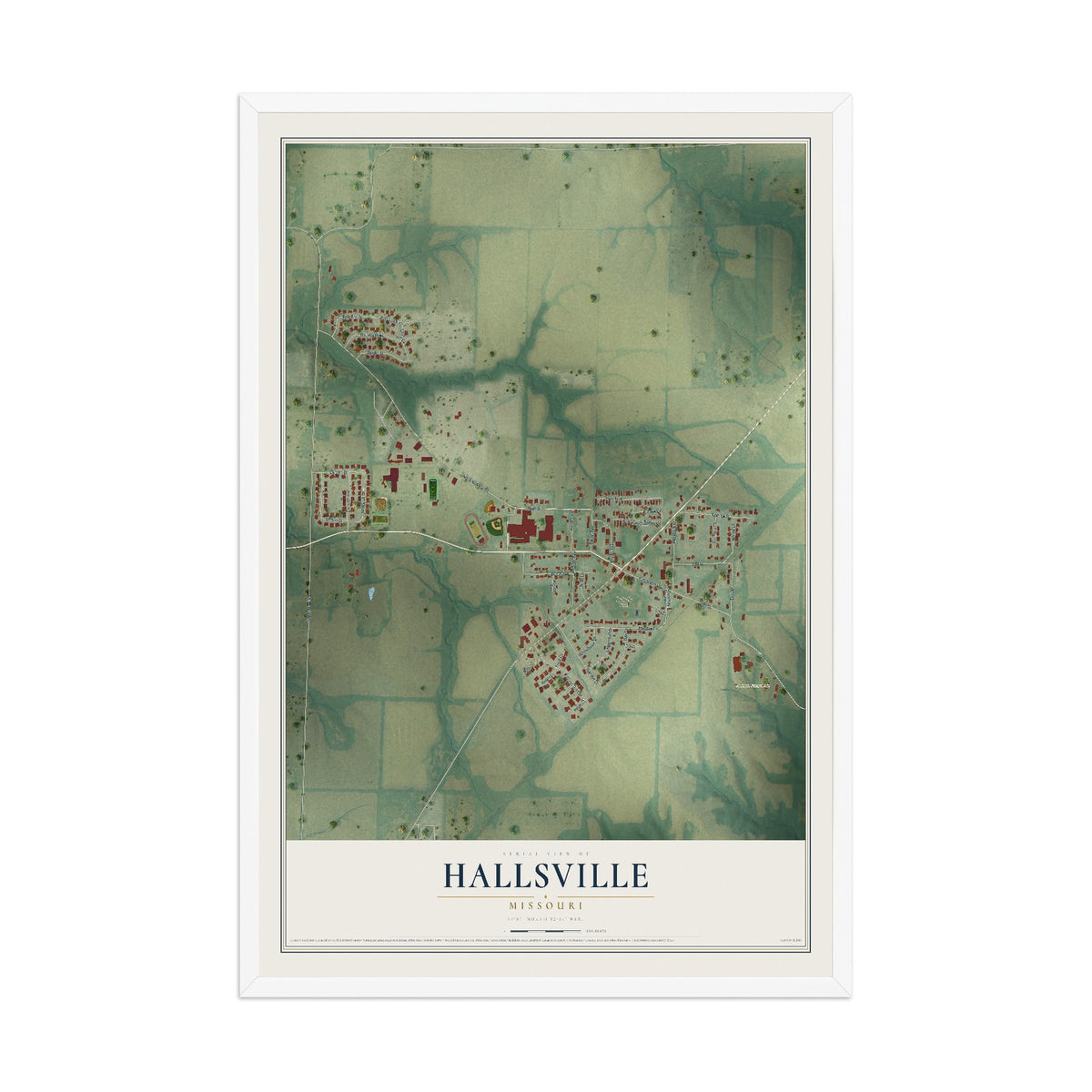 Map of Hallsville, Missouri, 12 x 18 inch print in a white wood frame