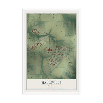 Map of Hallsville, Missouri, 12 x 18 inch print in a white wood frame