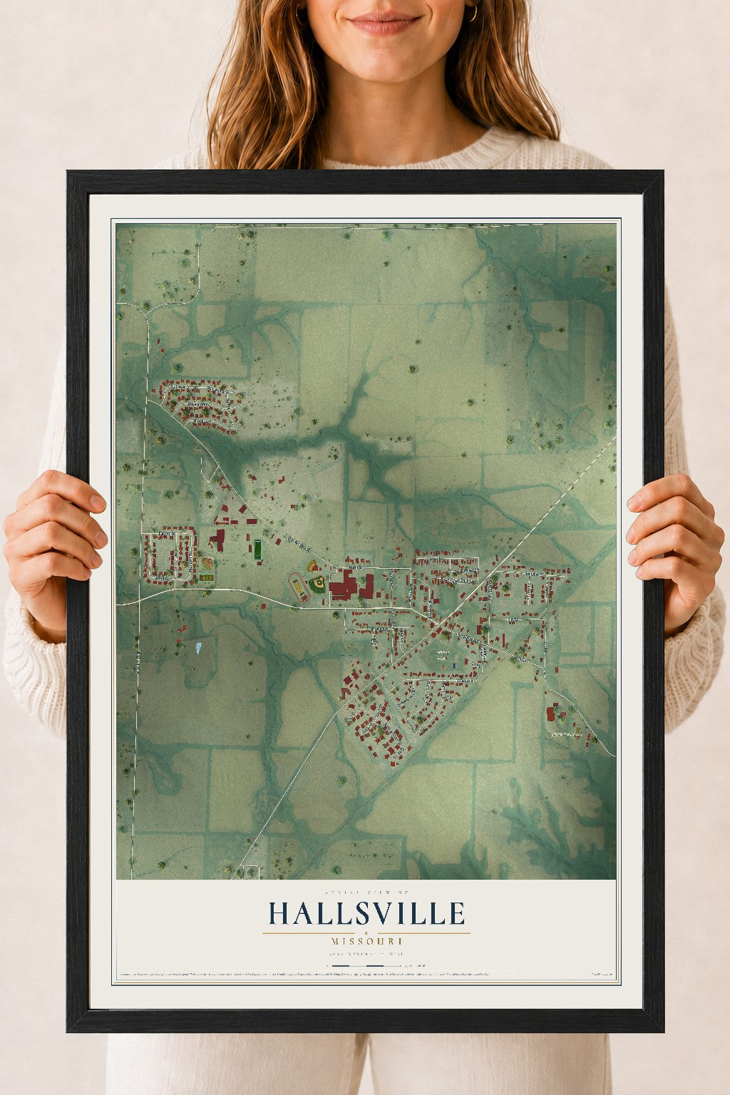 Map of Hallsville, Missouri, 18 x 24 inch print in a black wood frame