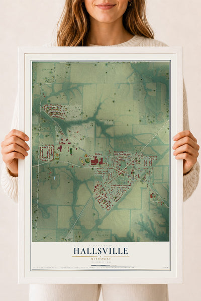 Map of Hallsville, Missouri, 18 x 24 inch print in a white wood frame
