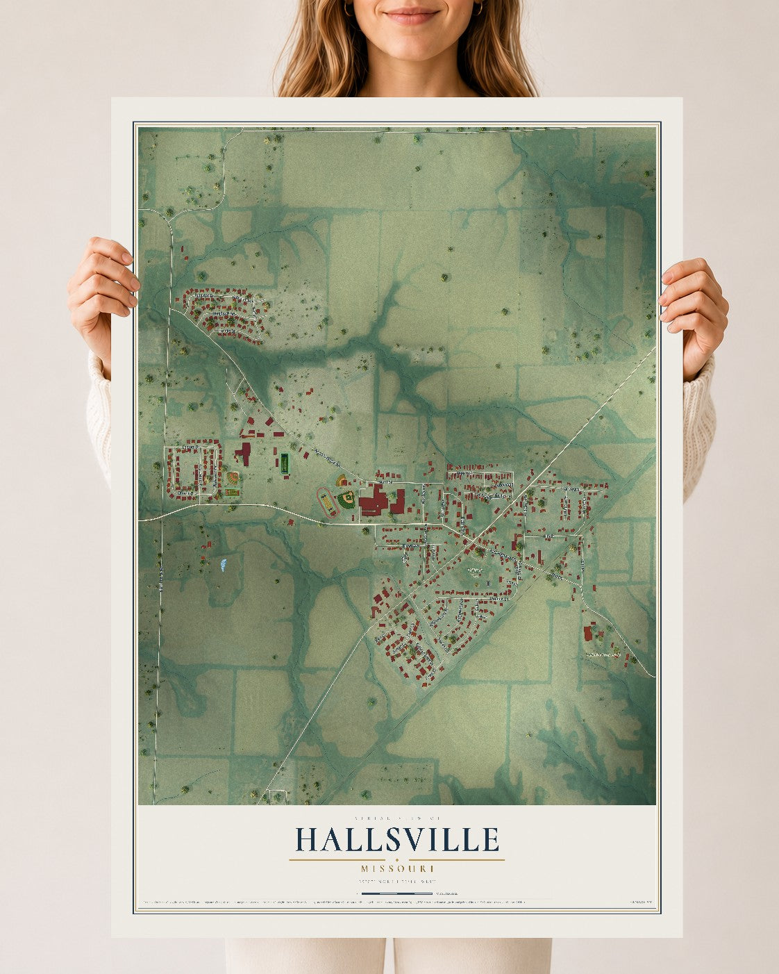 Map of Hallsville, Missouri, 24 x 36 inch unframed archival matte print