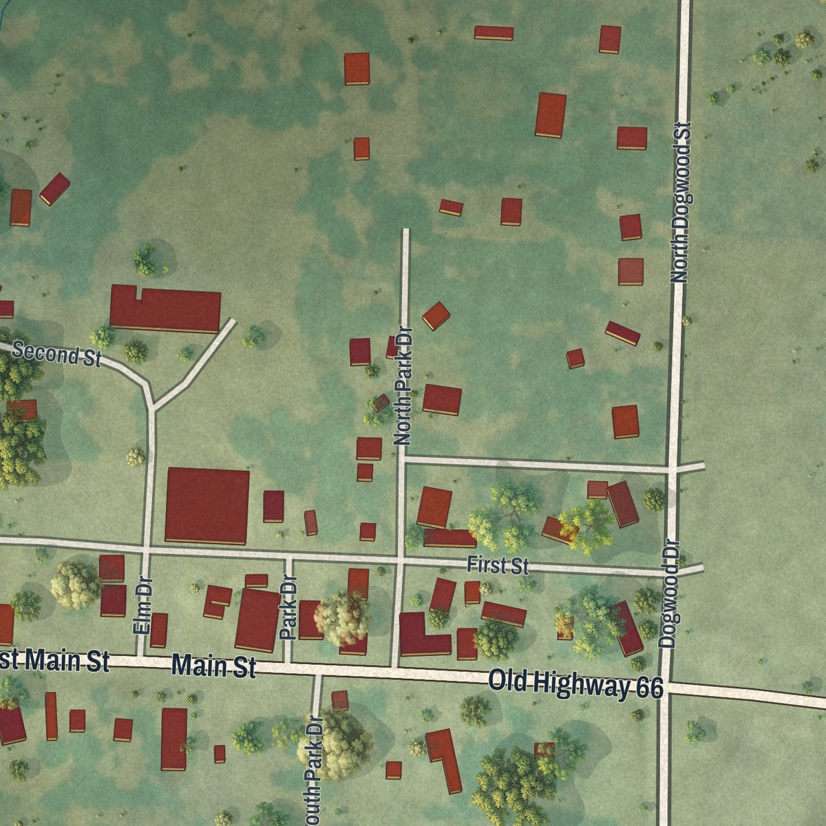 Close-up of the map of Halltown, Missouri print showing street and building detail