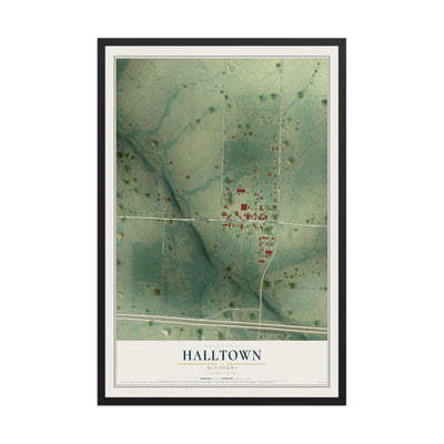 Map of Halltown, Missouri, 12 x 18 inch print in a black wood frame