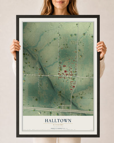 Map of Halltown, Missouri, 24 x 36 inch print in a black wood frame
