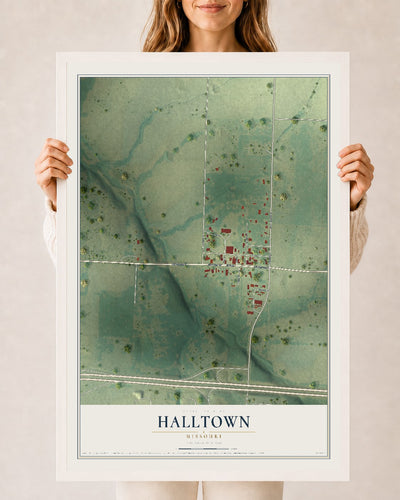 Map of Halltown, Missouri, 24 x 36 inch print in a white wood frame