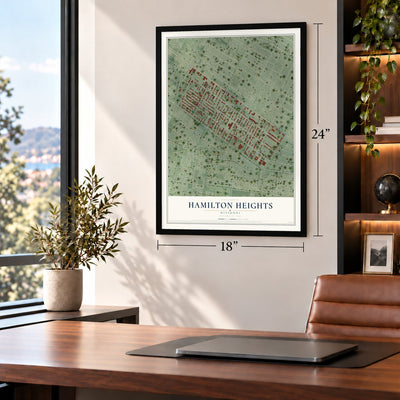 Hamilton Heights, Missouri map, 18 x 24 inch print in a black frame in a home office