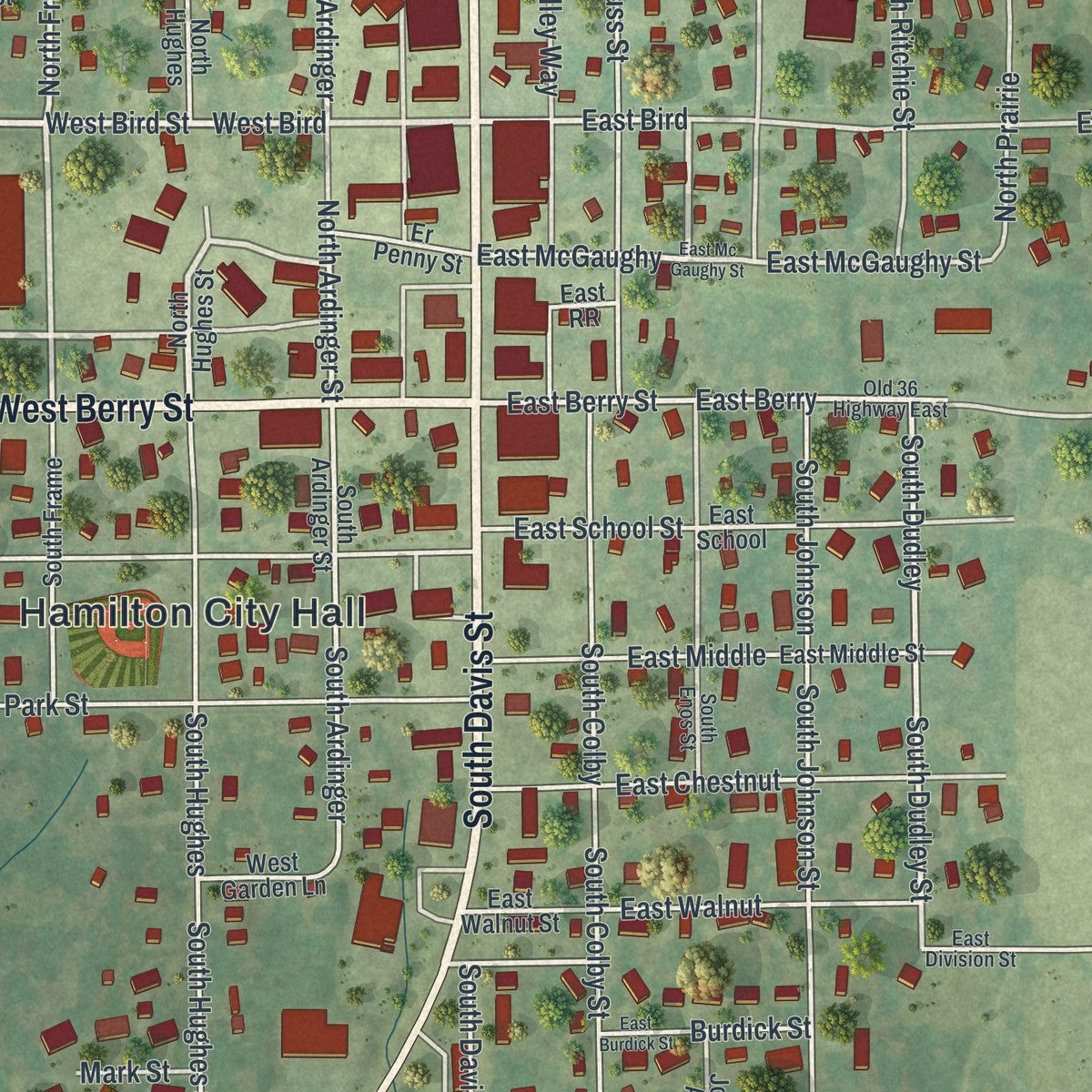 Close-up of the map of Hamilton, Missouri print showing street and building detail