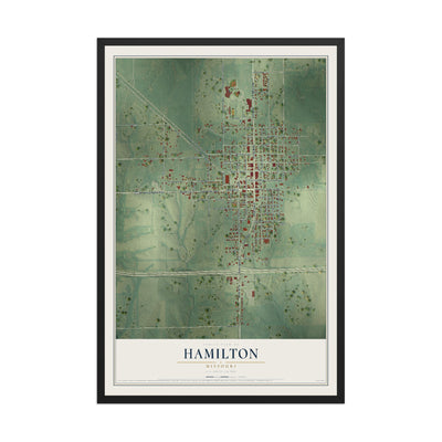 Map of Hamilton, Missouri, 12 x 18 inch print in a black wood frame