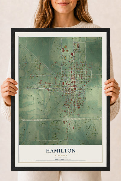Map of Hamilton, Missouri, 18 x 24 inch print in a black wood frame