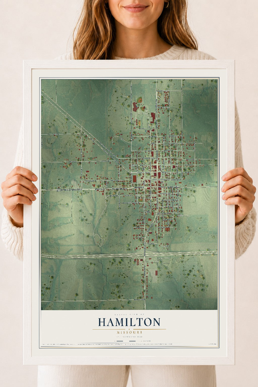 Map of Hamilton, Missouri, 18 x 24 inch print in a white wood frame