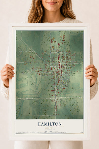 Map of Hamilton, Missouri, 18 x 24 inch print in a white wood frame
