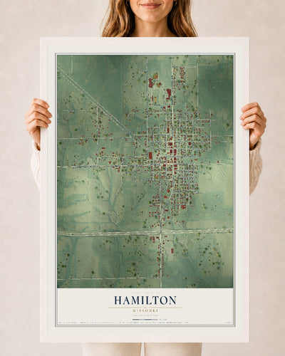 Map of Hamilton, Missouri, 24 x 36 inch print in a white wood frame
