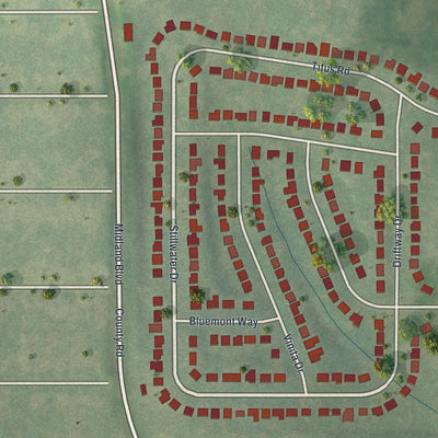 Close-up of the map of Hanley Hills, Missouri print showing street and building detail
