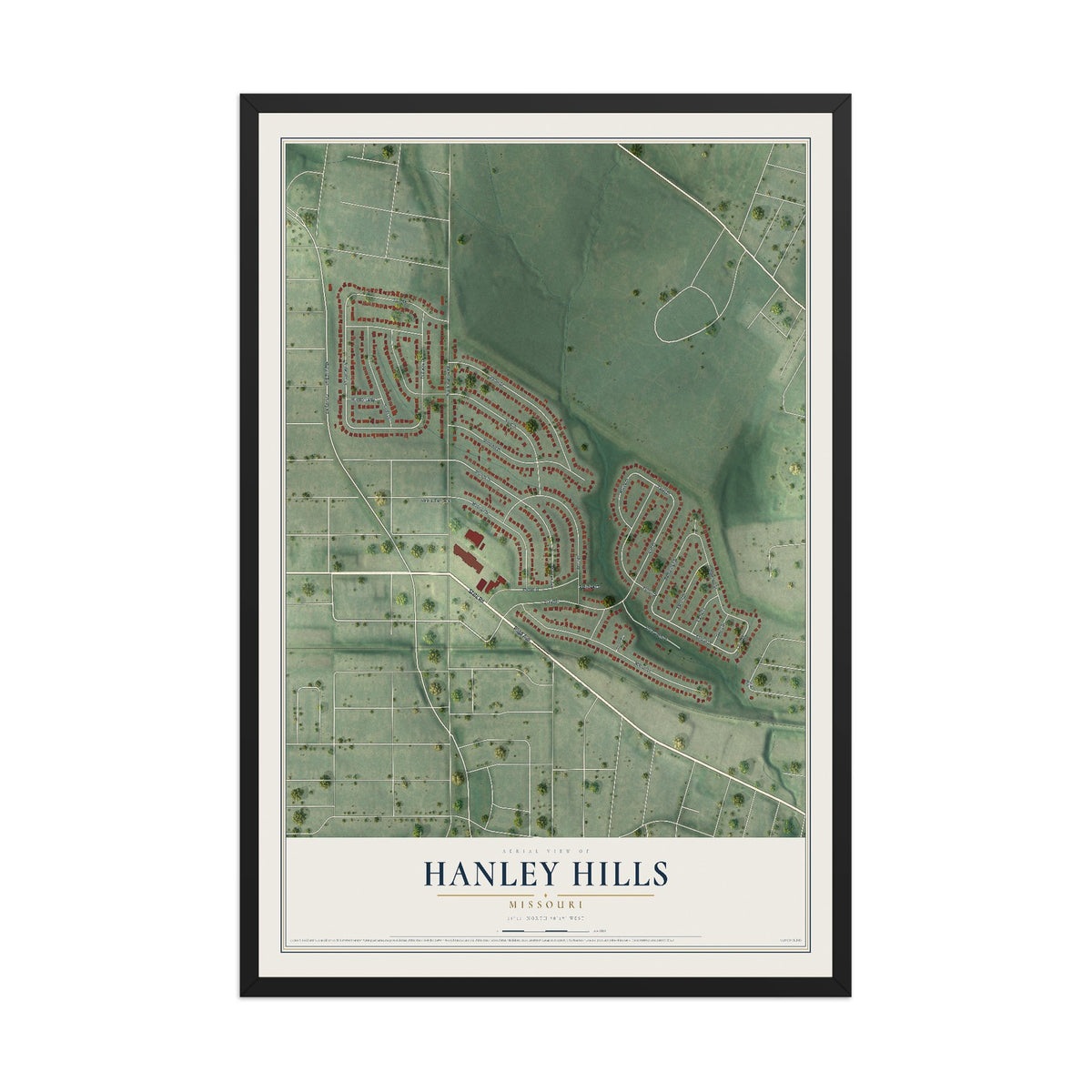 Map of Hanley Hills, Missouri, 12 x 18 inch print in a black wood frame