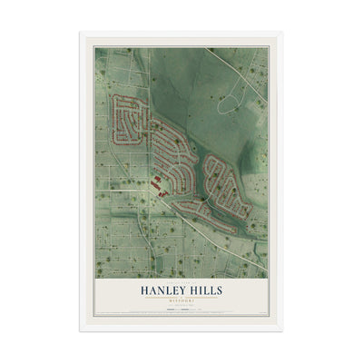 Map of Hanley Hills, Missouri, 12 x 18 inch print in a white wood frame