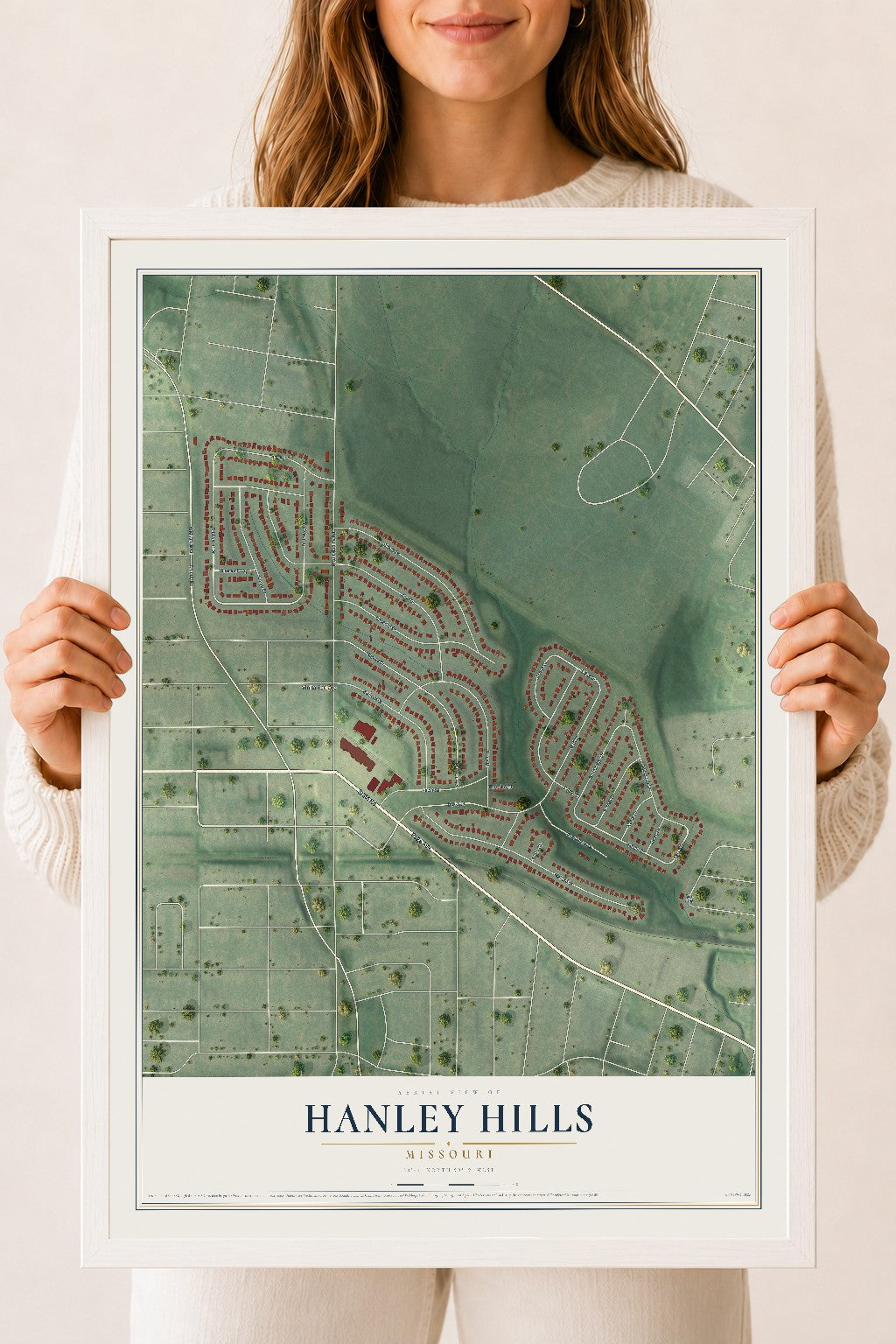 Map of Hanley Hills, Missouri, 18 x 24 inch print in a white wood frame