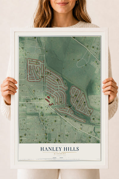 Map of Hanley Hills, Missouri, 18 x 24 inch print in a white wood frame