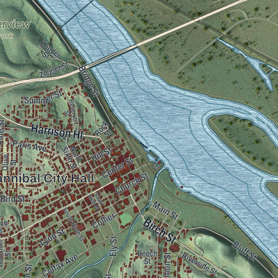 Second close-up of the map of Hannibal, Missouri print showing more streets and buildings