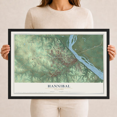 Map of Hannibal, Missouri, 12 x 18 inch print in a black wood frame