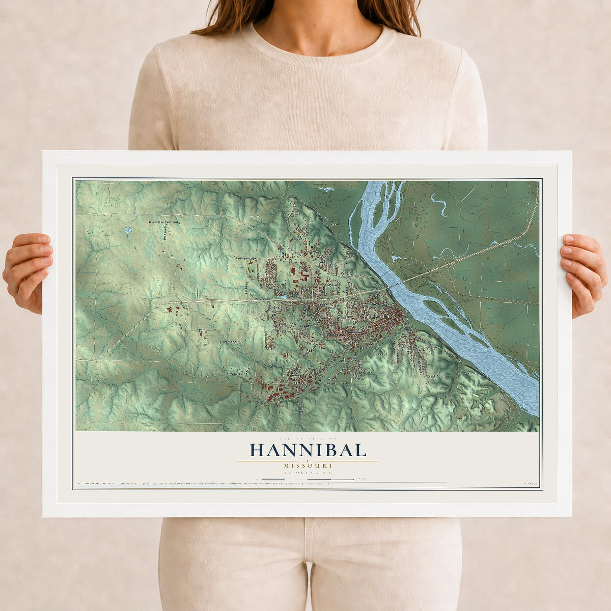 Map of Hannibal, Missouri, 12 x 18 inch print in a white wood frame