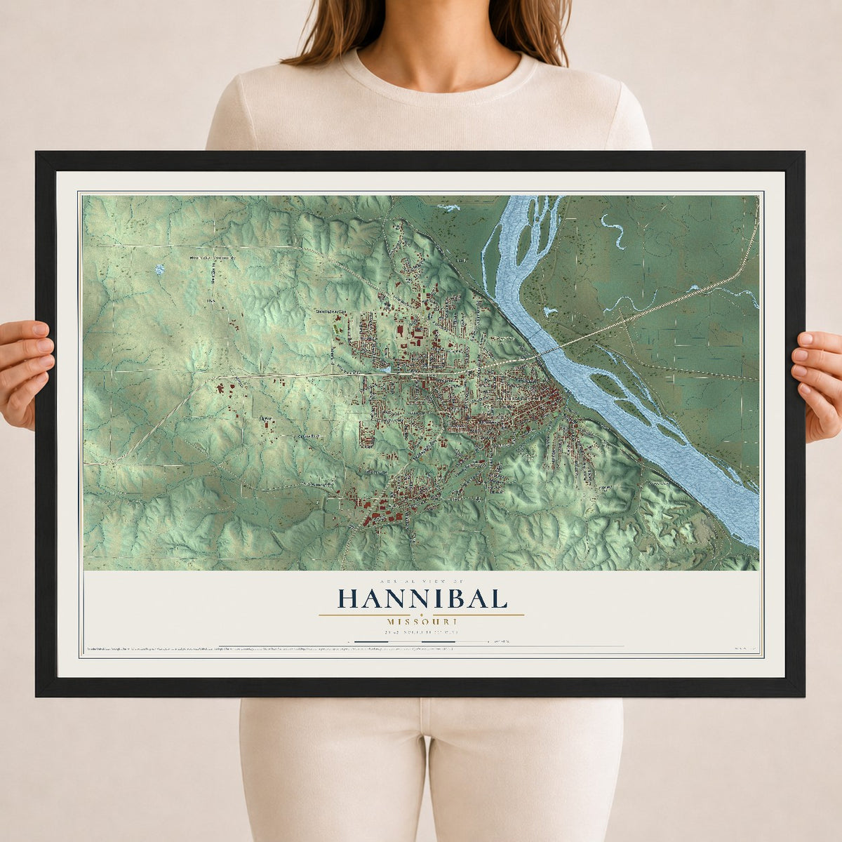 Map of Hannibal, Missouri, 18 x 24 inch print in a black wood frame
