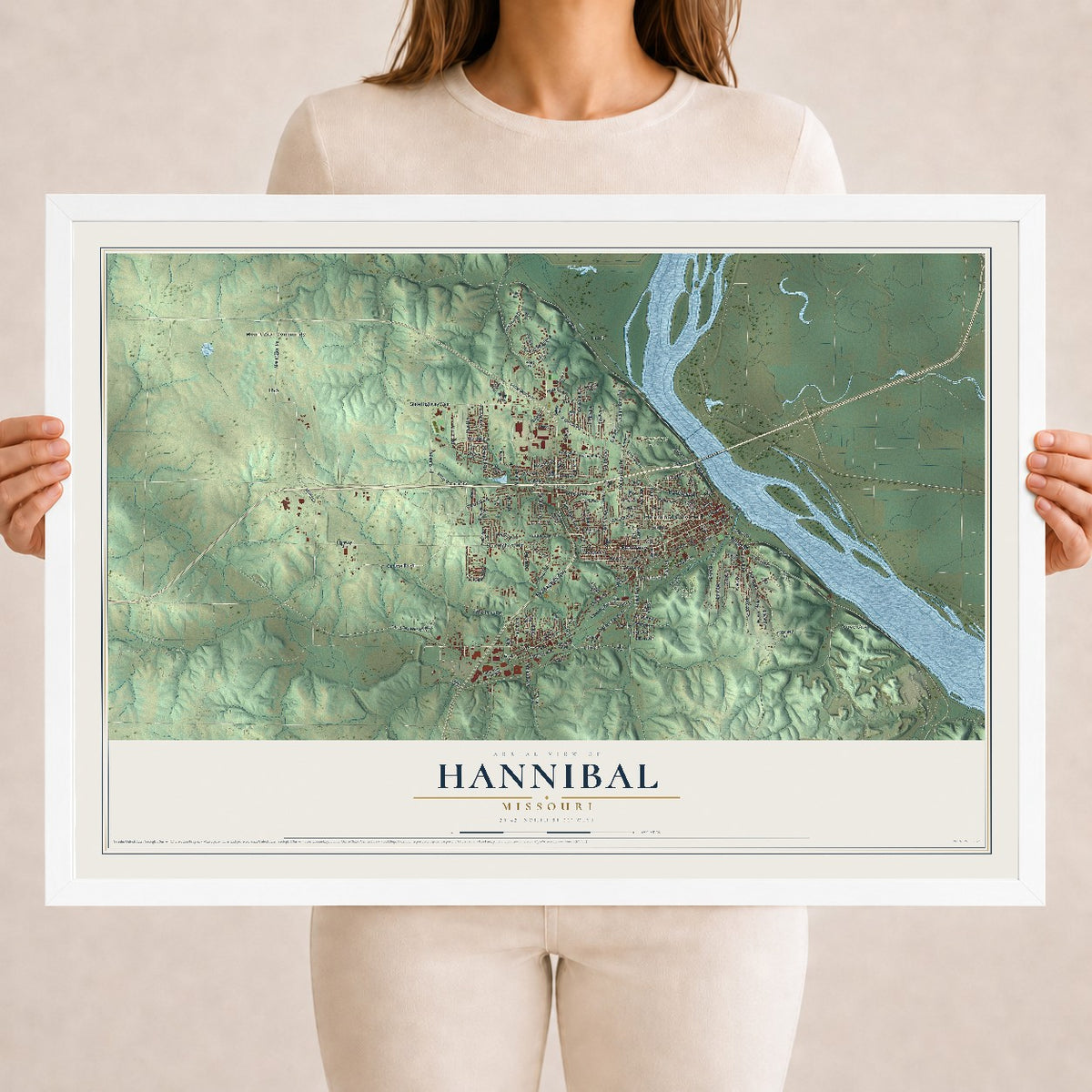 Map of Hannibal, Missouri, 18 x 24 inch print in a white wood frame