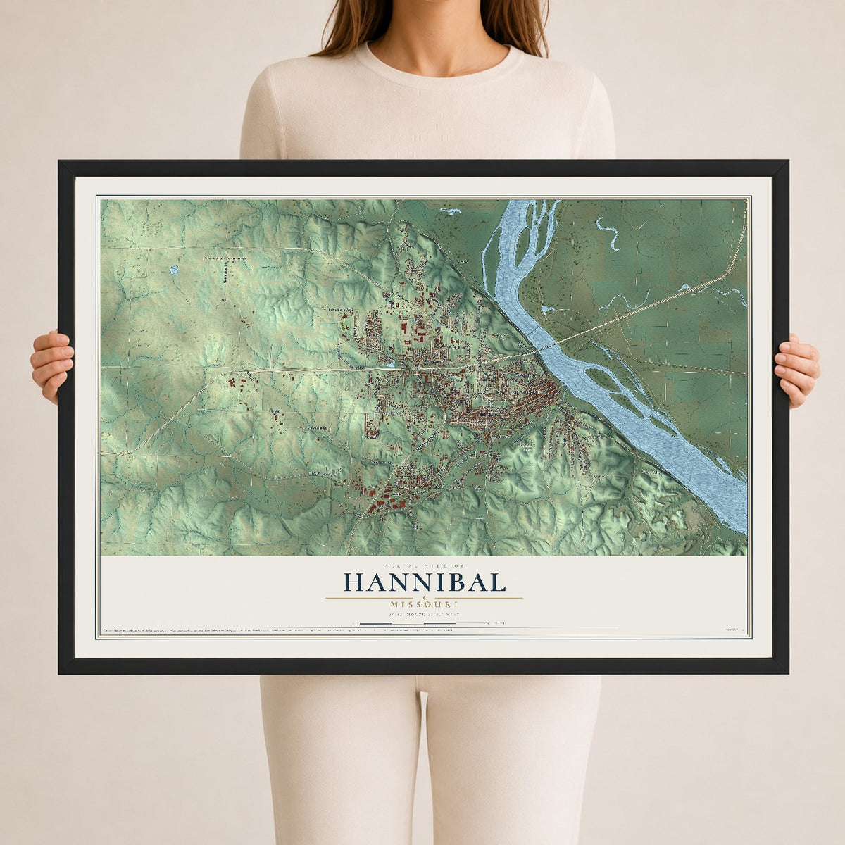 Map of Hannibal, Missouri, 24 x 36 inch print in a black wood frame