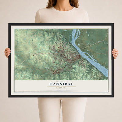 Map of Hannibal, Missouri, 24 x 36 inch print in a black wood frame
