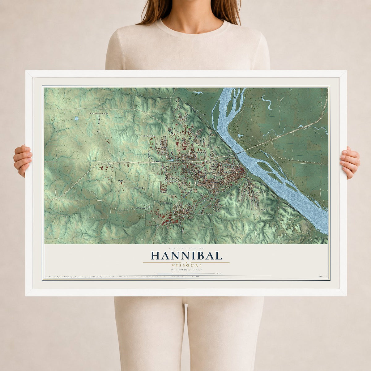 Map of Hannibal, Missouri, 24 x 36 inch print in a white wood frame
